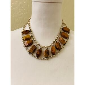15" Silver Tone and Wooden Beaded Statement Fashion Necklace